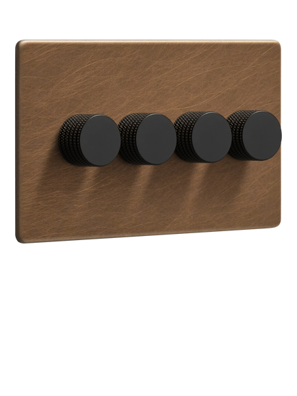Dowsing & Reynolds Antique Brass Quadruple Dimmer Switch, Black Knobs