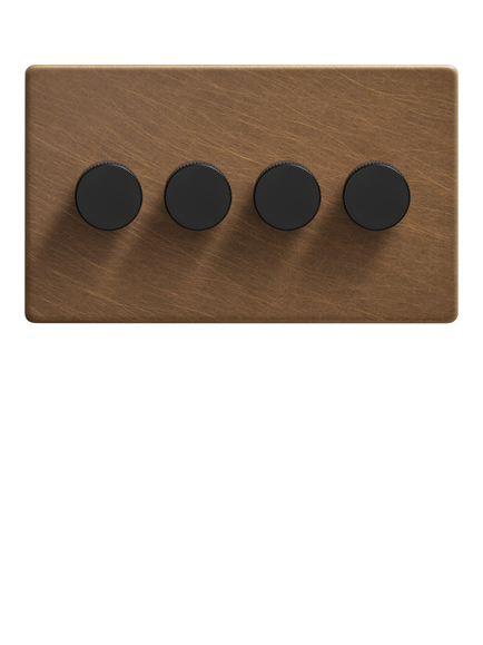 Dowsing & Reynolds Antique Brass Quadruple Dimmer Switch - view 2, Black Knobs