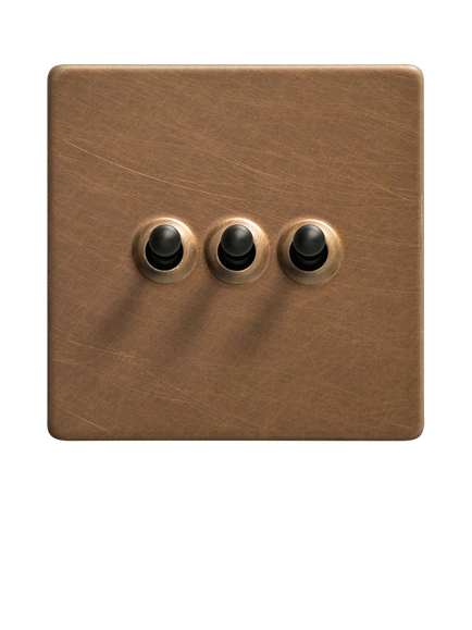 Dowsing & Reynolds Antique Brass Triple Toggle Switch - view 2, Black Toggles
