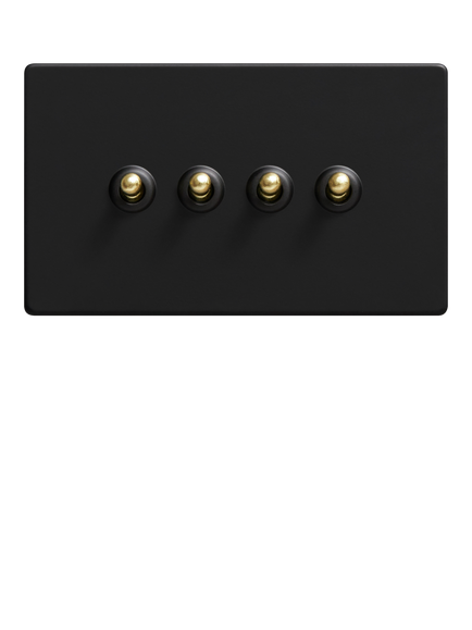 Dowsing & Reynolds Matt Black Quadruple Toggle Switch - view 2, Gold Toggles