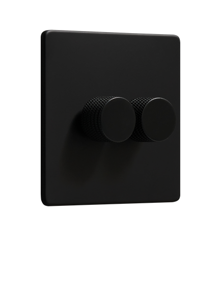 Dowsing & Reynolds Matt Black Double Dimmer Light Switch, Black Knobs