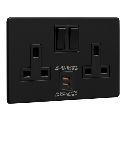 Dowsing & Reynolds Matt Black USB-C Double Plug Socket, Black Insert, Black Insert