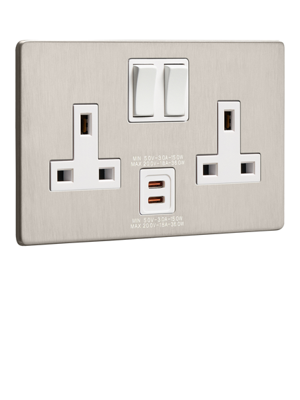 Dowsing & Reynolds Soft Silver Double USB-C Socket, White Insert, White Insert
