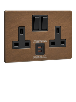 Dowsing & Reynolds Antique Brass USB-C Double Plug Socket, Black Insert, Black Insert