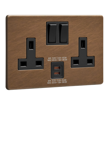 Dowsing & Reynolds Antique Brass USB-C Double Plug Socket, Black Insert, Black Insert