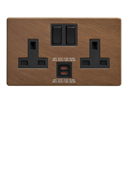 Dowsing & Reynolds Antique Brass USB-C Double Plug Socket, Black Insert - view 2, Black Insert