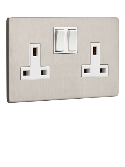 Dowsing & Reynolds Soft Silver Double Plug Socket, White Insert, White Insert