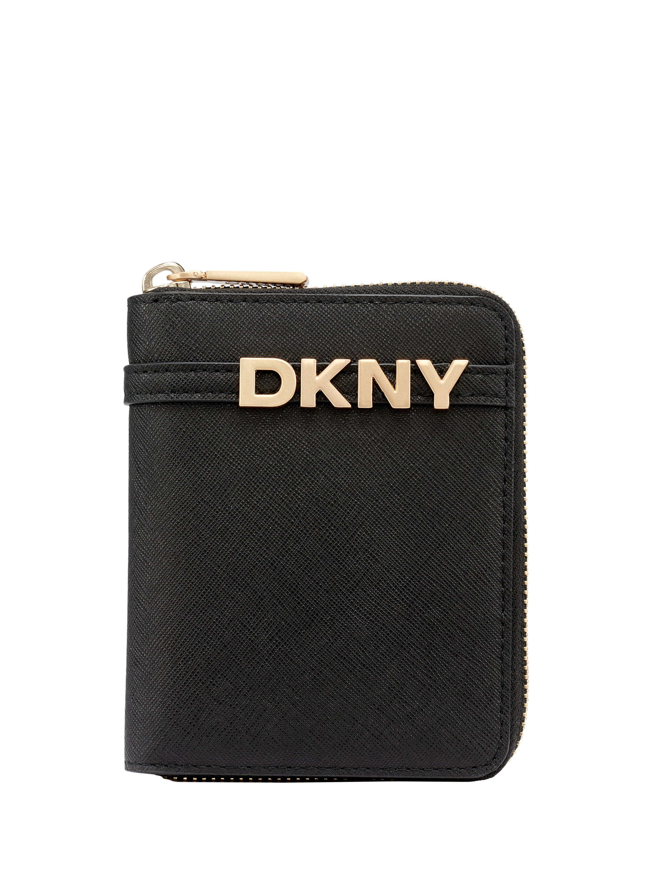 Product image 1 of 4, which shows DKNY Avril Small Leather Zip Wallet, Black/Gold