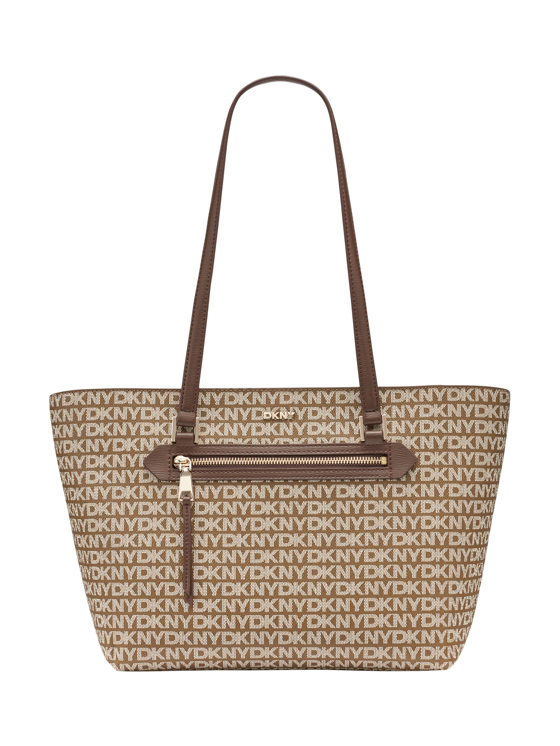 Product image 1 of 5, which shows DKNY Bryant Ave Medium Leather Logo Tote Handbag, Chino/Chocolate