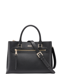DKNY Bryant Small Leather Satchel Crossbody Handbag, Black/Gold, Black/Gold