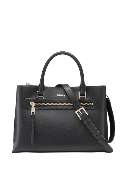 DKNY Bryant Small Leather Satchel Crossbody Handbag, Black/Gold, Black/Gold
