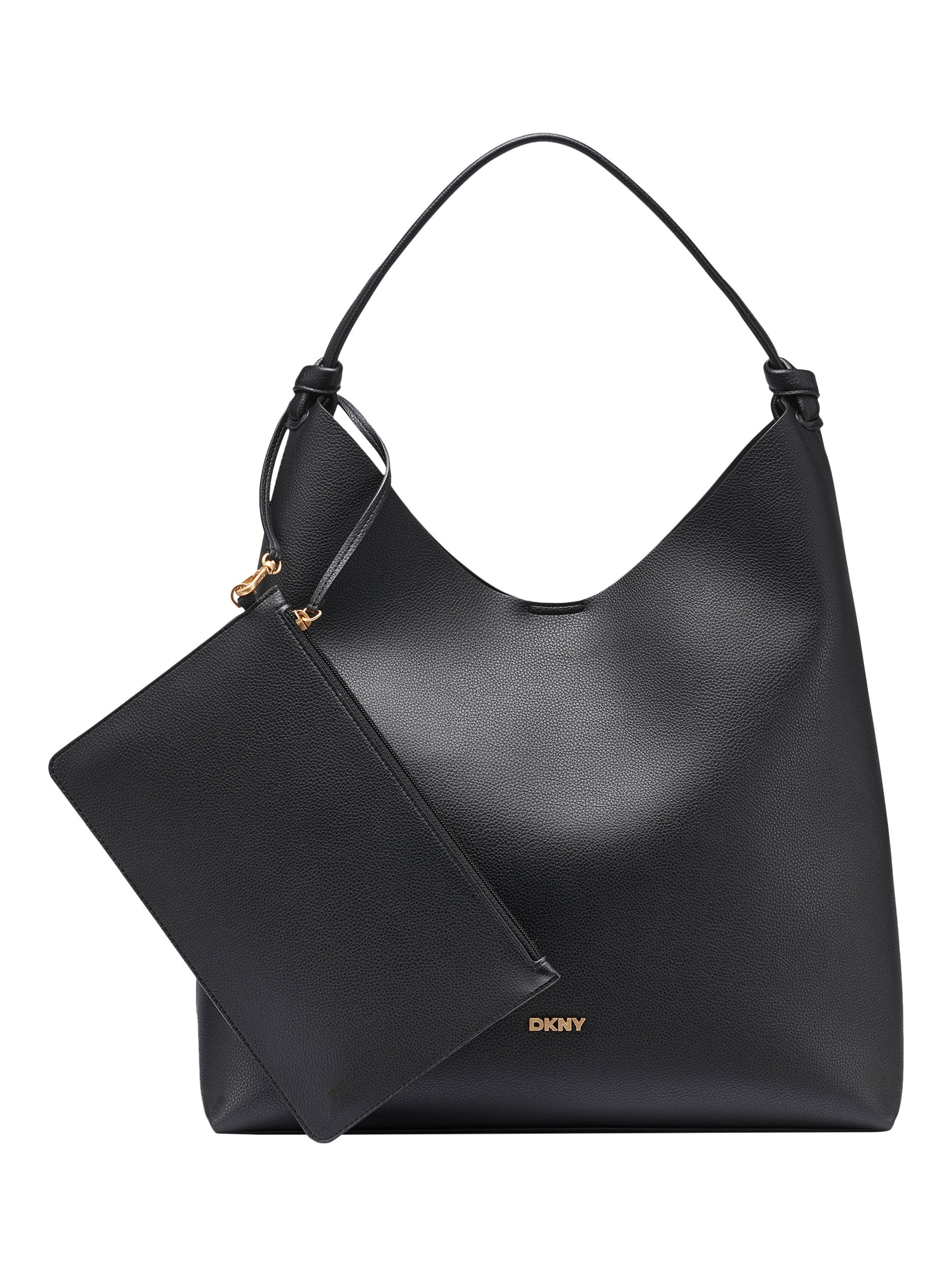 Product image 1 of 5, which shows DKNY Paula Faux Leather Hobo Handbag, Black/Gold