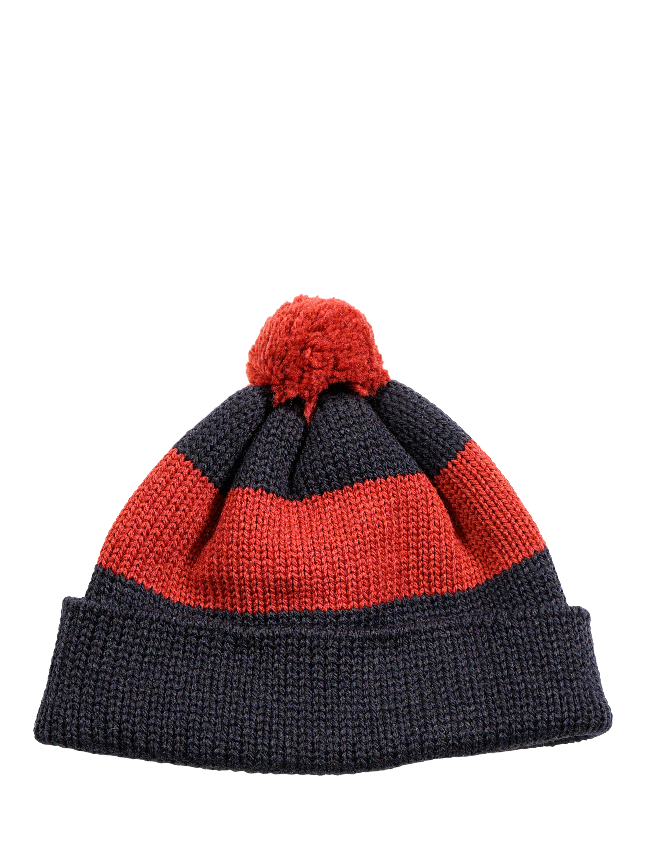 Product image 1 of 2, which shows Nigel Cabourn Stripe Wool Bobble Hat, Black Navy