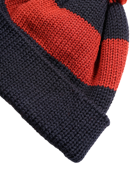 Nigel Cabourn Stripe Wool Bobble Hat, Black Navy - view 2, Black Navy