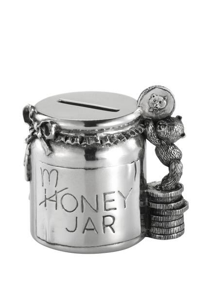 Royal Selangor Christening Pewter Teddy Money Box in Wooden Gift Box, Silver