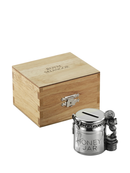 Royal Selangor Christening Pewter Teddy Money Box in Wooden Gift Box - view 2, Silver