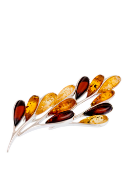 Be-Jewelled Baltic Amber Leaf Brooch, Cognac/Lemon/Silver, Cognac/Lemon/Silver