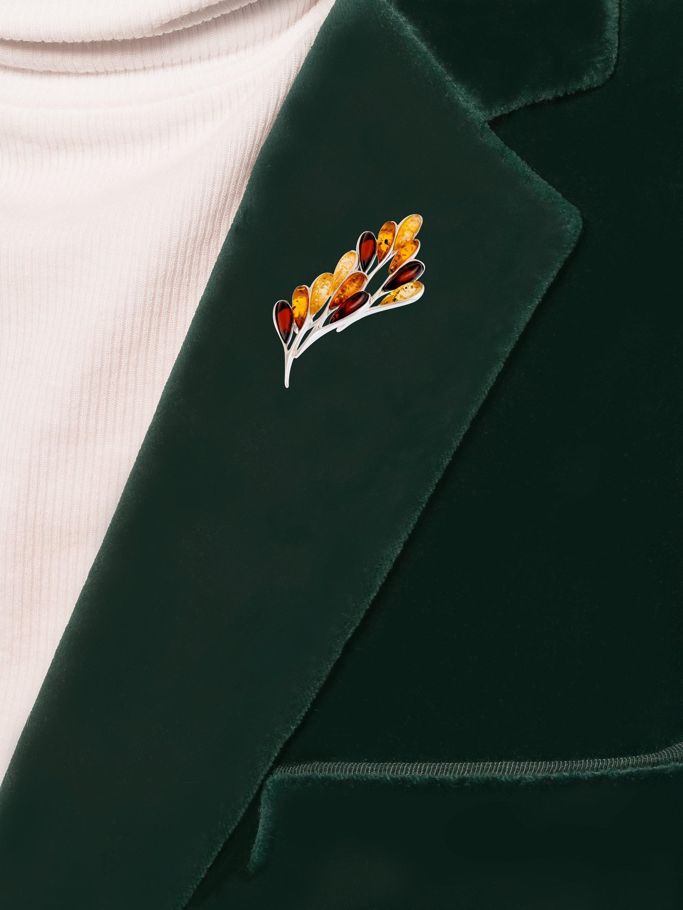 Product image 2 of 4, which shows Be-Jewelled Baltic Amber Leaf Brooch, Cognac/Lemon/Silver