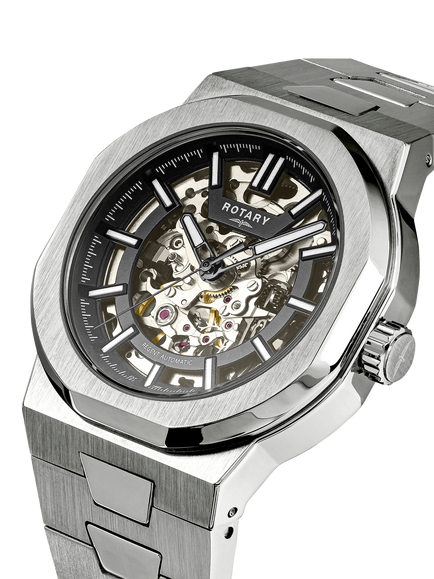 Rotary GB05495/04 Men's Regent Skeleton Bracelet Strap Watch, Silver - view 2, Silver