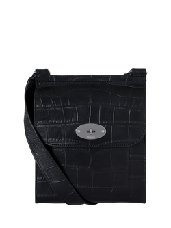 Mulberry Small Antony Croc Leather Messenger Bag, Black, Black