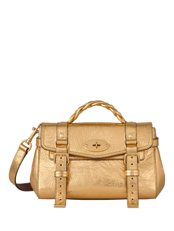 Mulberry Mini Alexa Crinkled Metallic Satchel Bag, Somerset Gold, Somerset Gold