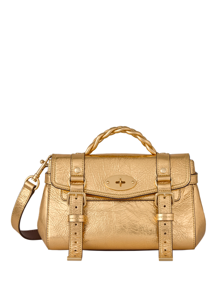 Mulberry Mini Alexa Crinkled Metallic Satchel Bag, Somerset Gold, Somerset Gold