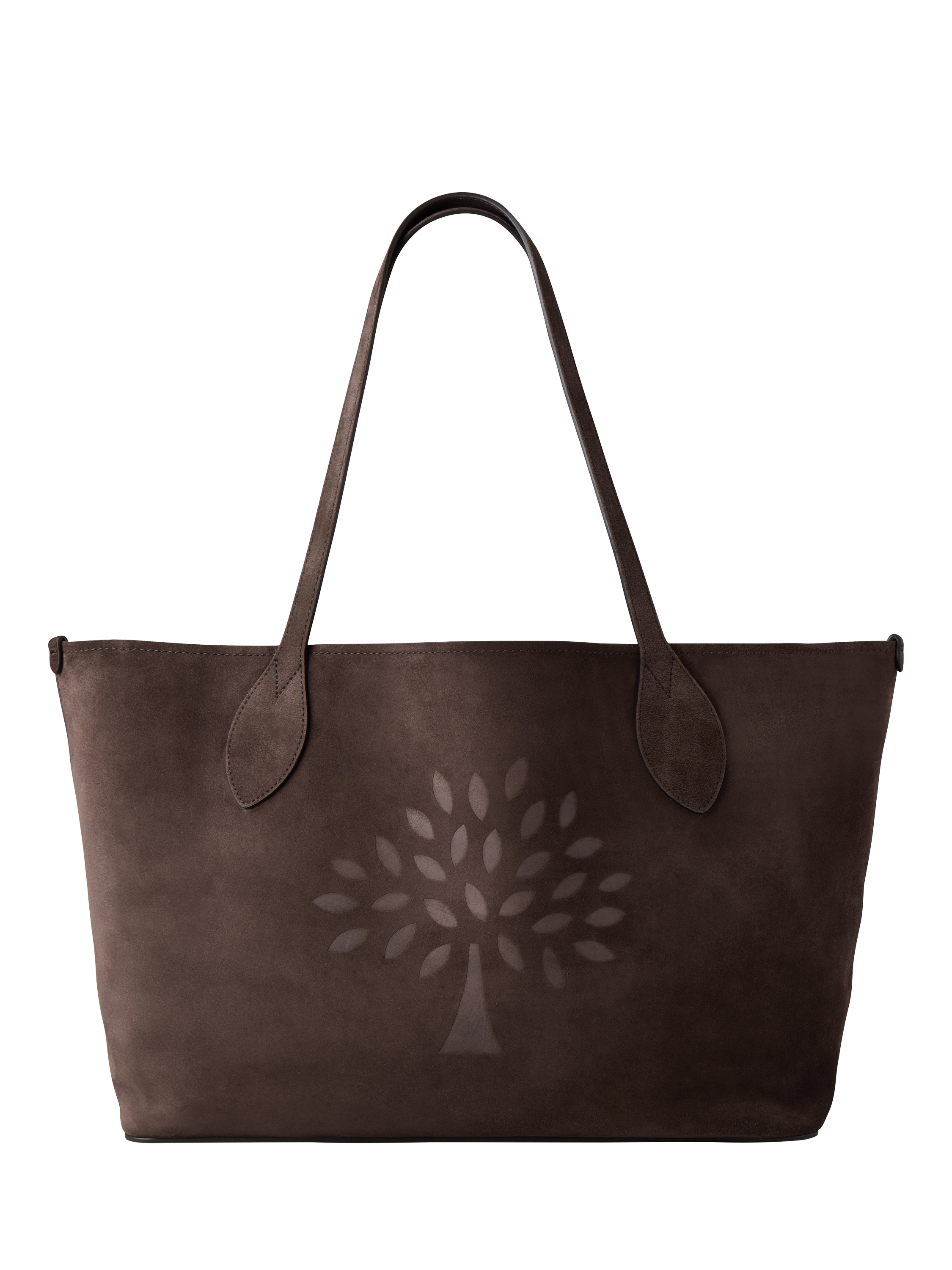Product image 1 of 6, which shows Mulberry Suede Tree Tote Bag, Chocolate