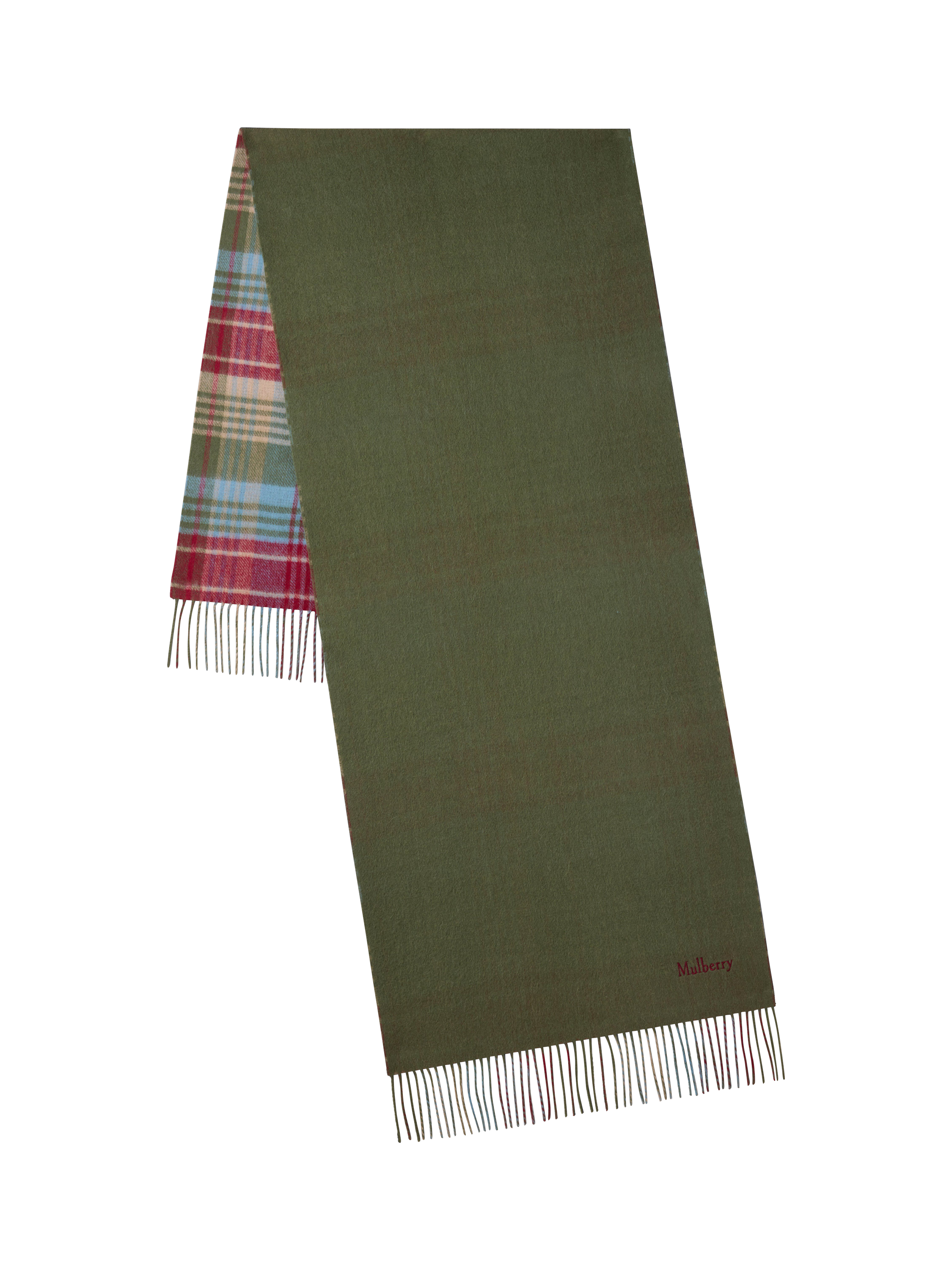 Product image 1 of 3, which shows Mulberry Pure Wool Large Reversible Check Scarf, Moss/Sky Blue