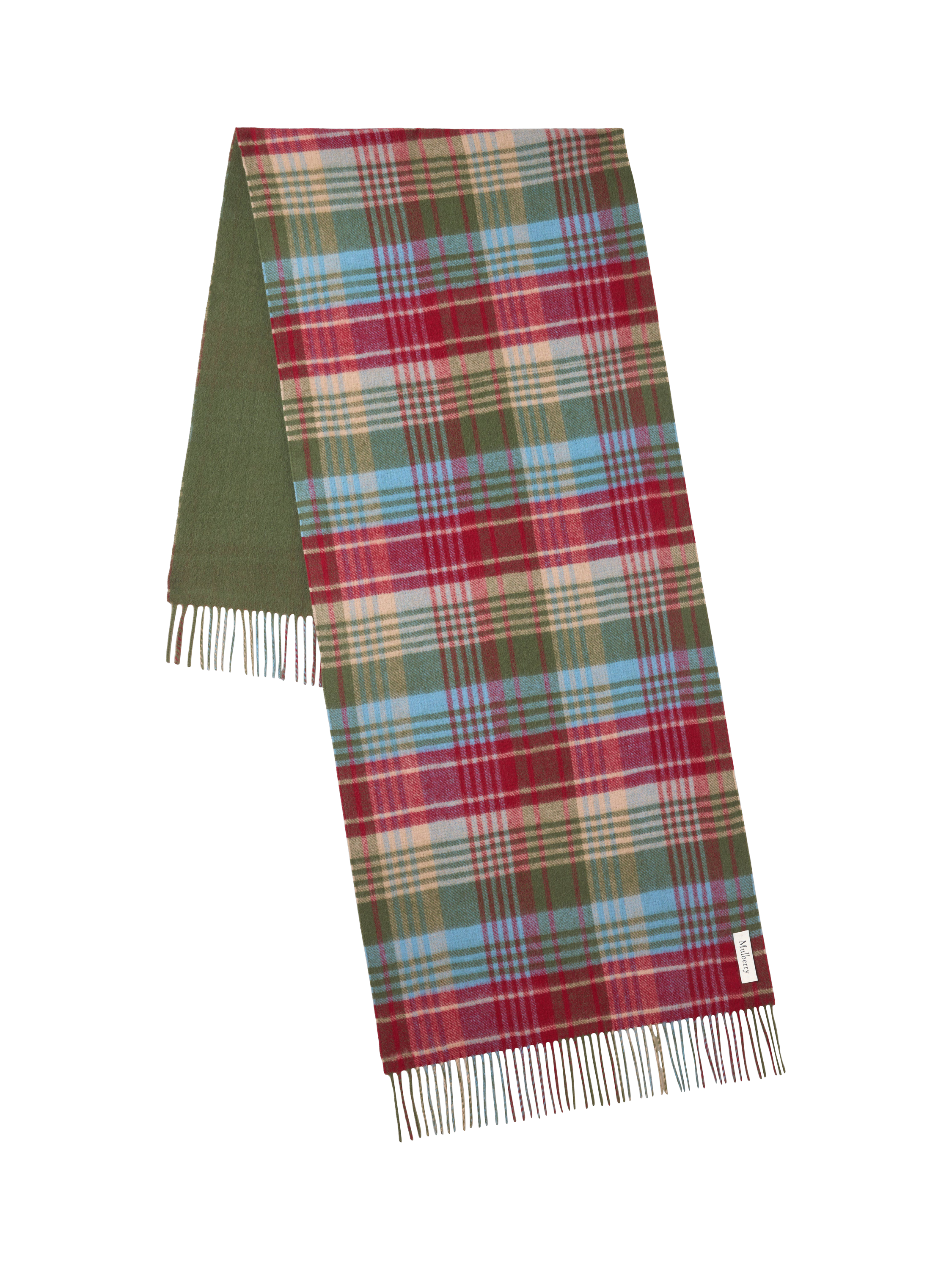 Product image 2 of 3, which shows Mulberry Pure Wool Large Reversible Check Scarf, Moss/Sky Blue