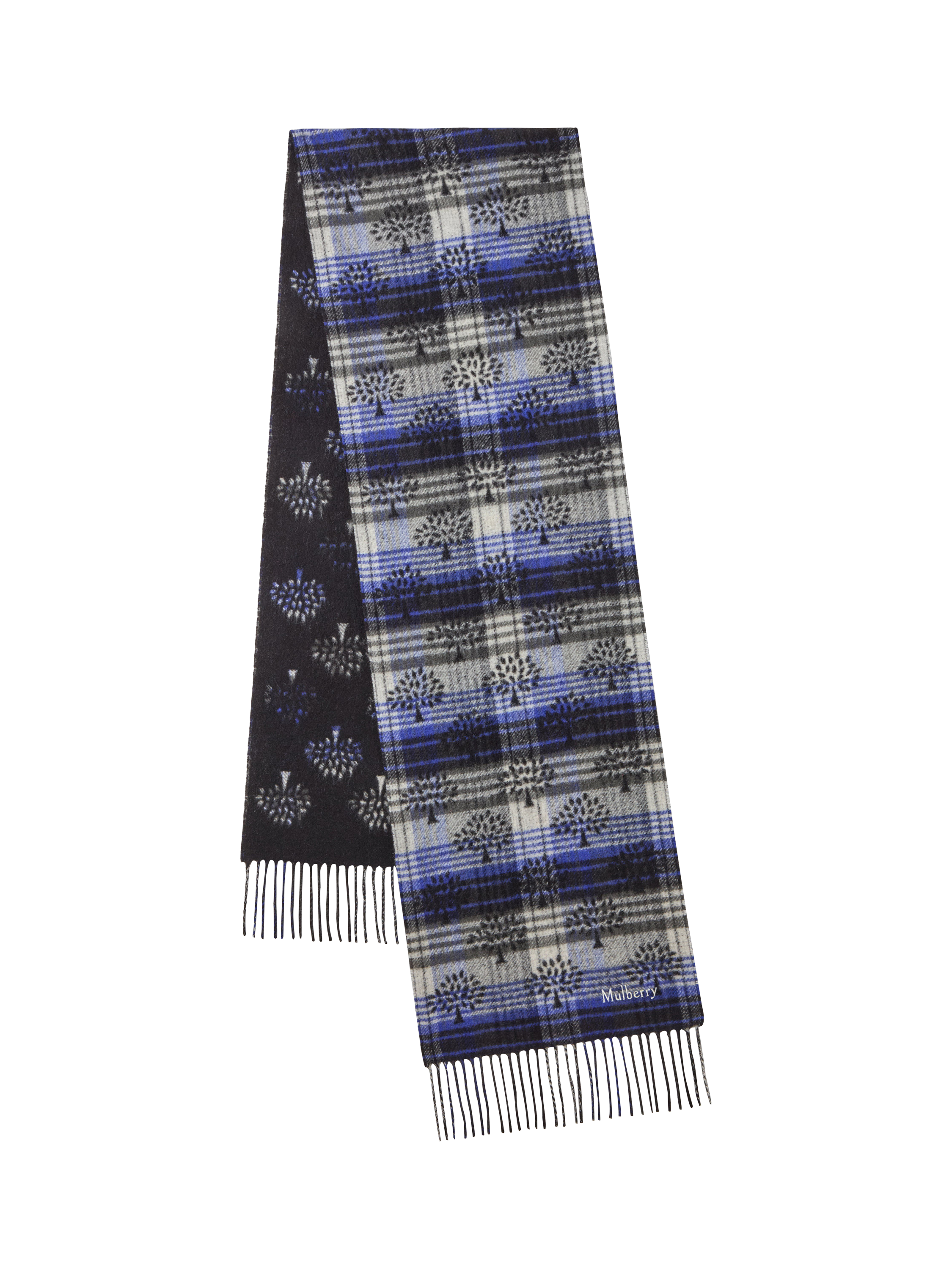 Product image 1 of 4, which shows Mulberry Pure Wool Heritage Check Fringe Scarf, Black/Cobalt Blue