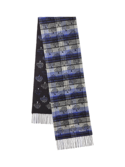 Mulberry Pure Wool Heritage Check Fringe Scarf, Black/Cobalt Blue, Black/Cobalt Blue