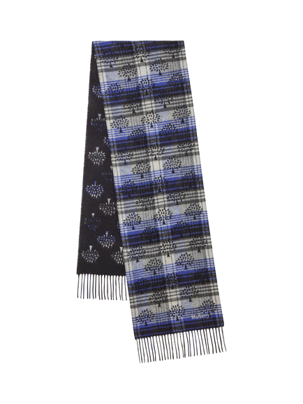 Mulberry Pure Wool Heritage Check Fringe Scarf, Black/Cobalt Blue, Black/Cobalt Blue