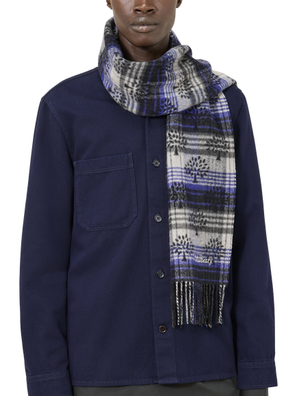 Mulberry Pure Wool Heritage Check Fringe Scarf, Black/Cobalt Blue - view 2, Black/Cobalt Blue
