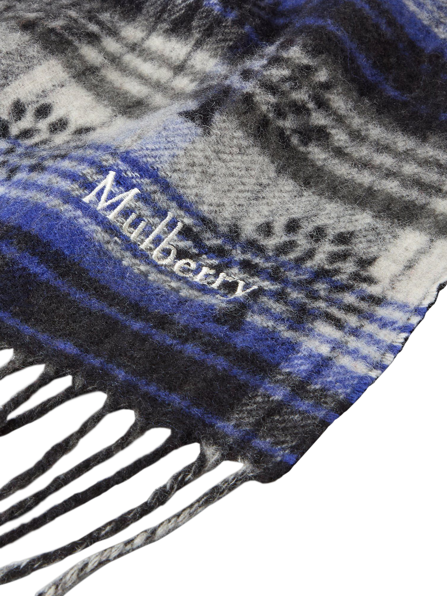 Product image 3 of 4, which shows Mulberry Pure Wool Heritage Check Fringe Scarf, Black/Cobalt Blue
