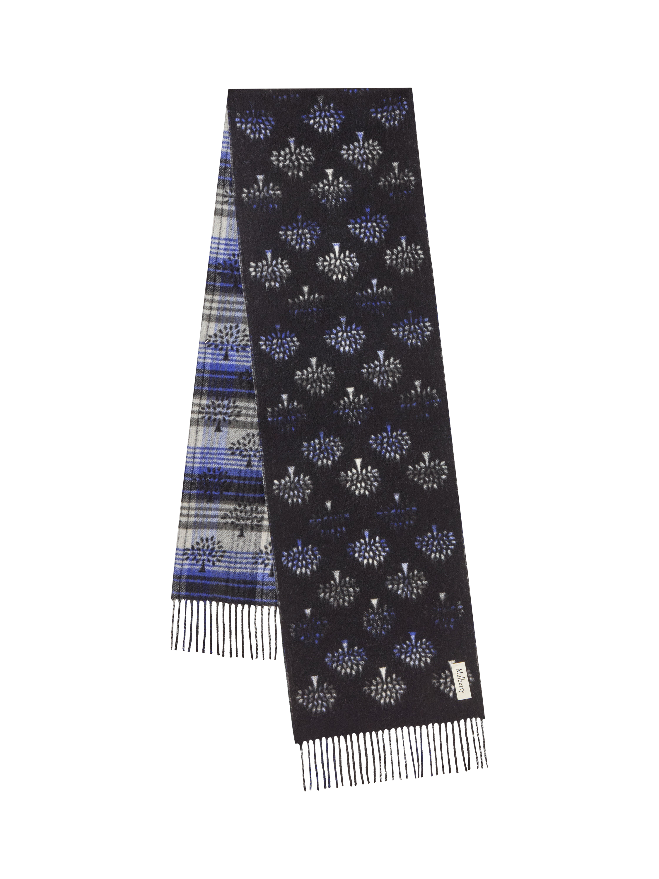 Product image 4 of 4, which shows Mulberry Pure Wool Heritage Check Fringe Scarf, Black/Cobalt Blue