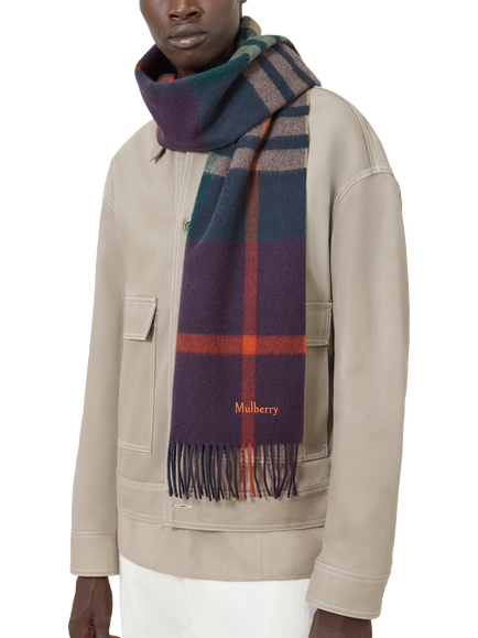 Mulberry Merino Wool Small Check Scarf, Juniper Green/Deep Aubergine - view 2, Juniper Green/Deep Aubergine