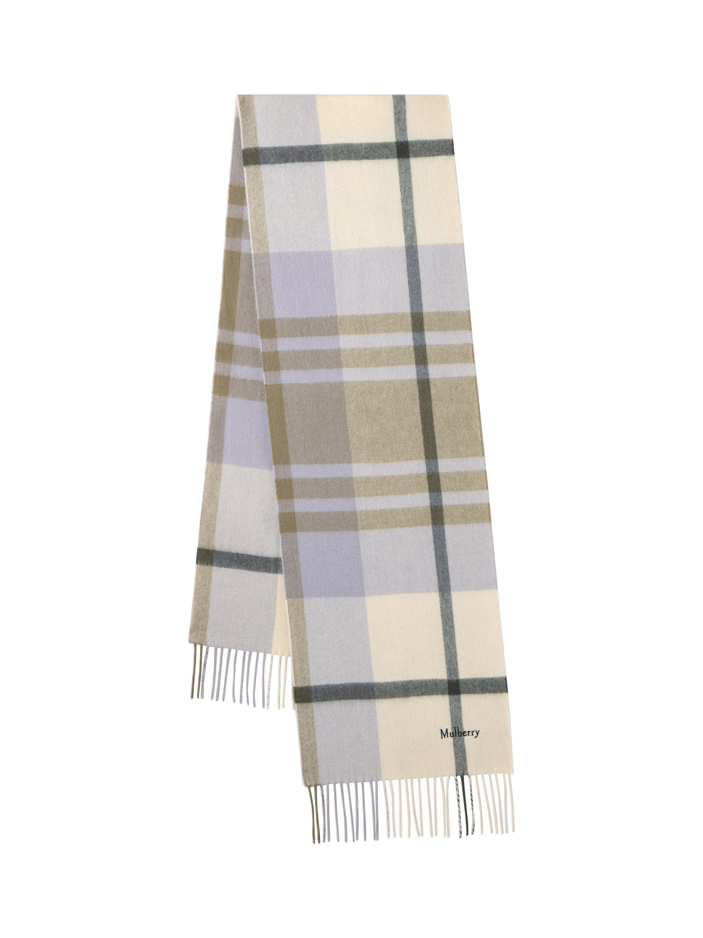 Product image 1 of 3, which shows Mulberry Merino Wool Small Check Scarf, Eggshell/Olive