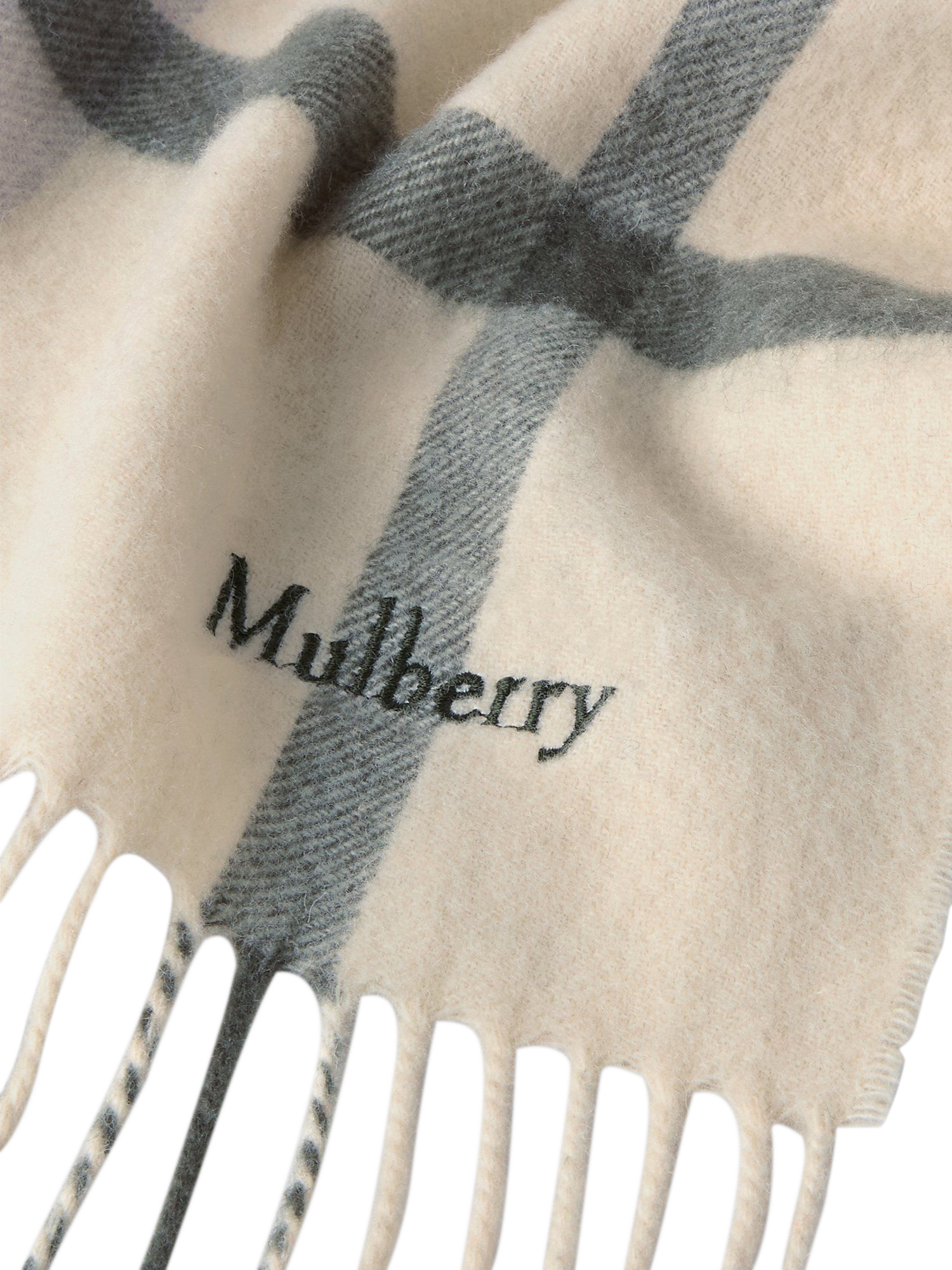 Product image 2 of 3, which shows Mulberry Merino Wool Small Check Scarf, Eggshell/Olive