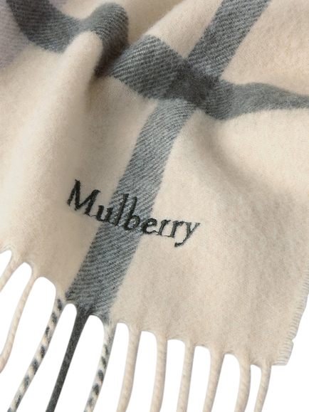 Mulberry Merino Wool Small Check Scarf, Eggshell/Olive - view 2, Eggshell/Olive