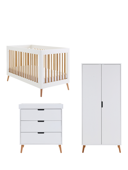 Obaby Maya Cotbed, Changing Unit Set and Double Wardrobe, White/Natural, White/Natural