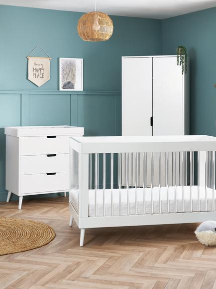 Obaby Maya Acrylic Cotbed, Changing Unit & Double Wardrobe Set, White - view 2, White