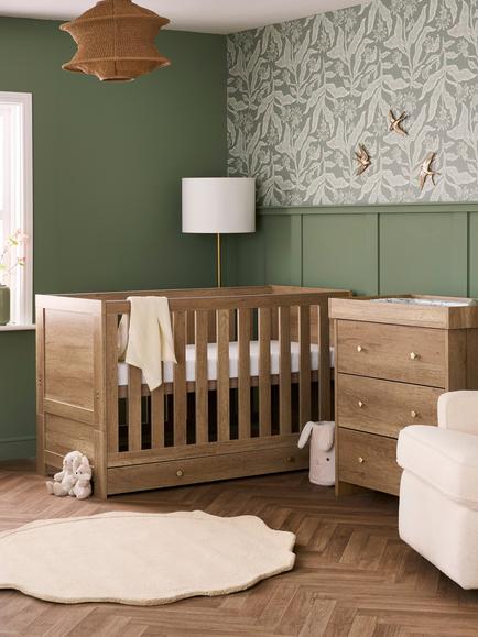 Obaby Nika Cotbed with Under Drawer & Changing Unit Set, Oak - view 2, Oak