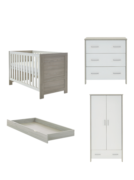Obaby Nika Cotbed with Under Drawer, Changing Unit & Double Wardrobe Set, Grey Wash/White, Grey Wash/White