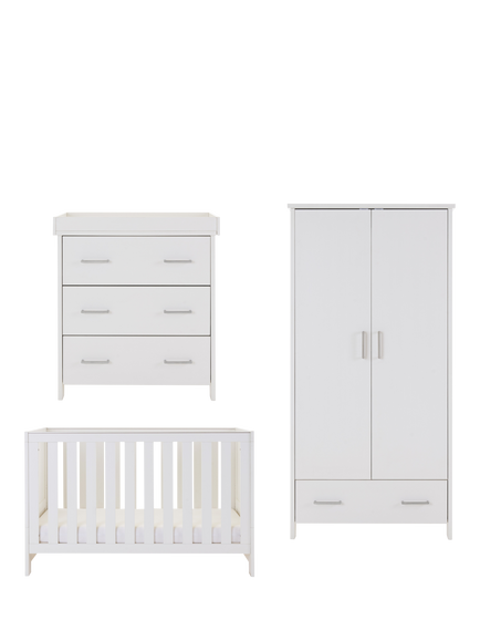 Obaby Nika Cotbed with Under Drawer, Changing Unit & Double Wardrobe Set, White Wash, White Wash