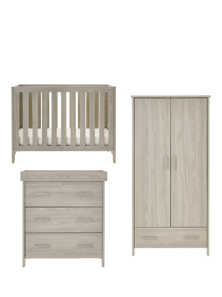 Obaby Nika Mini Cotbed with Under Drawer, Changing Unit & Double Wardrobe Set, Grey Wash, Grey Wash