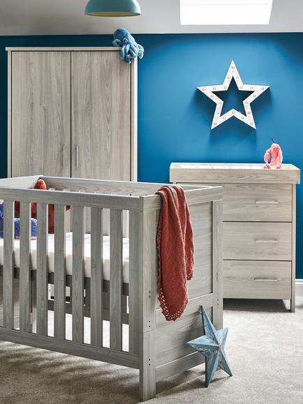 Obaby Nika Mini Cotbed with Under Drawer, Changing Unit & Double Wardrobe Set, Grey Wash - view 2, Grey Wash