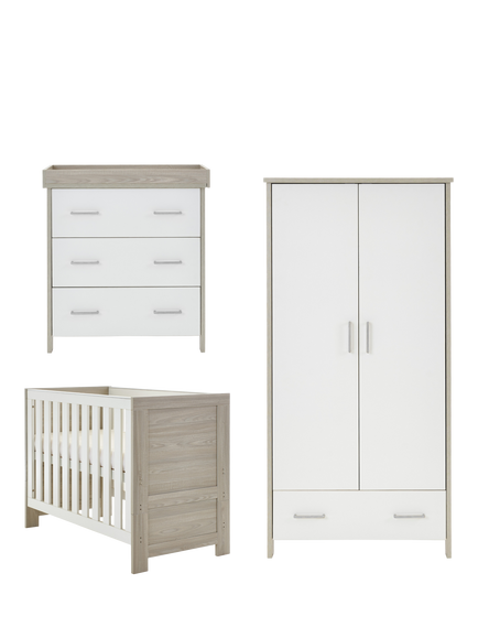 Obaby Nika Mini Cotbed, Changing Unit & Double Wardrobe Set, Grey Wash/White, Grey Wash/White