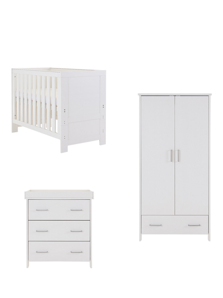 Obaby Nika Mini Cotbed with Under Drawer, Changing Unit & Double Wardrobe Set, White Wash, White Wash