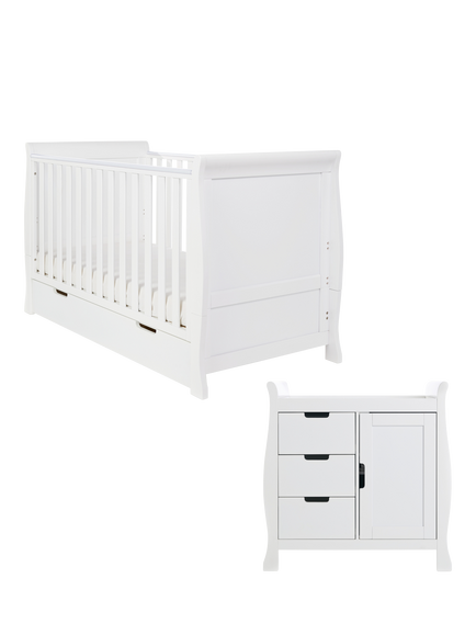 Obaby Stamford Classic Sleigh Cotbed & Changing Unit Set, White, White