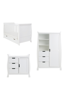 Obaby Stamford Classic Sleigh Cotbed, Closed Changing Unit & Double Wardrobe Set, White, White